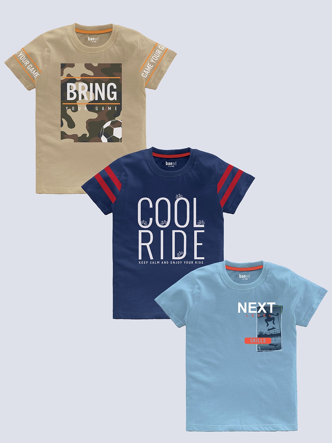 

BAESD Kids Pack Of 3 Typography Printed Cotton T-shirt, Beige