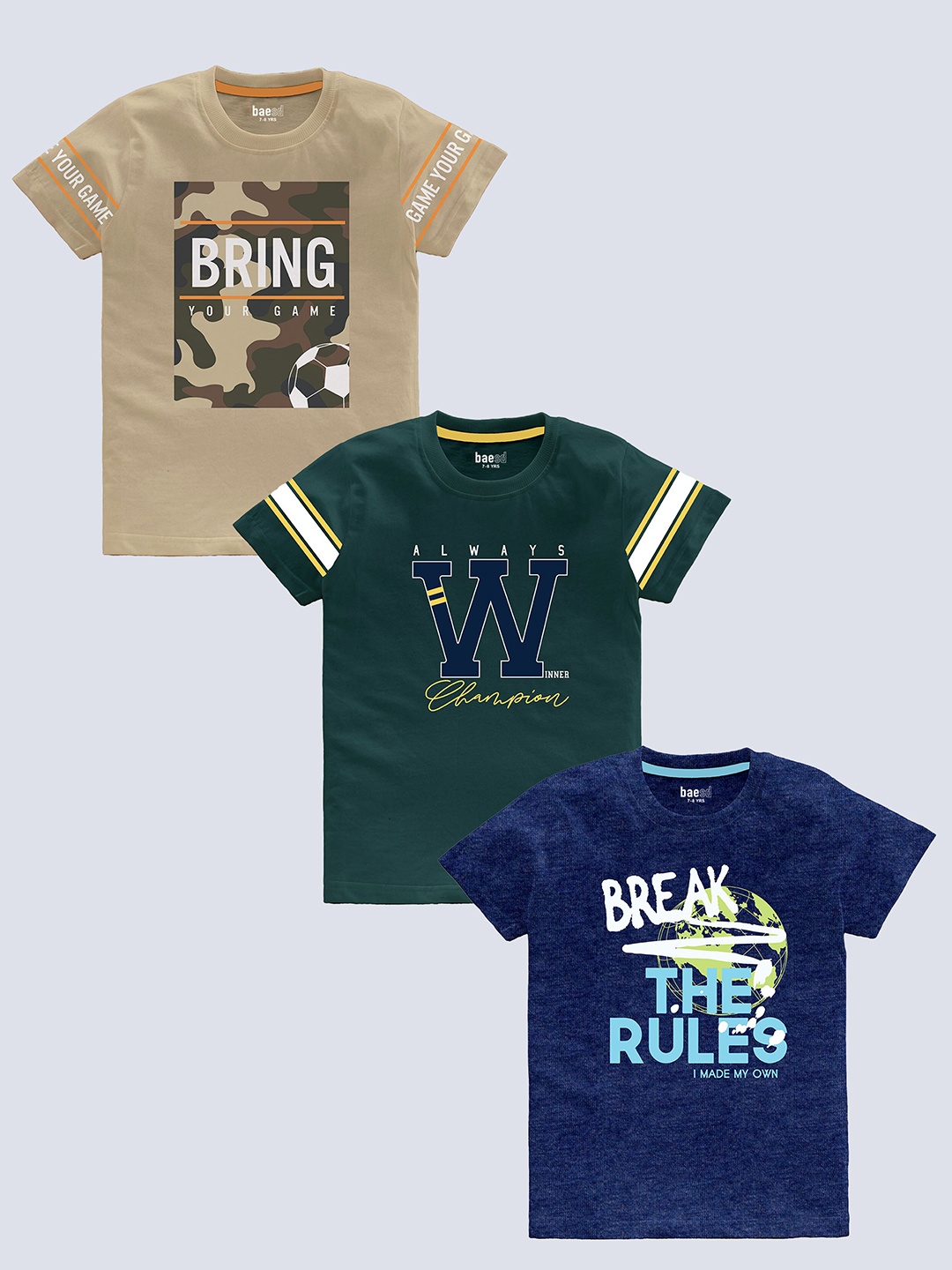 

BAESD Kids Pack Of 3 Typography Printed Cotton T-shirt, Beige