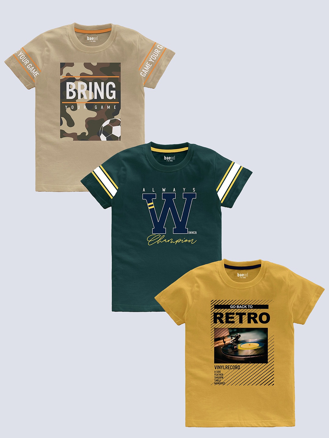 

BAESD Boys Pack Of 3 Typography Printed T-shirt, Yellow