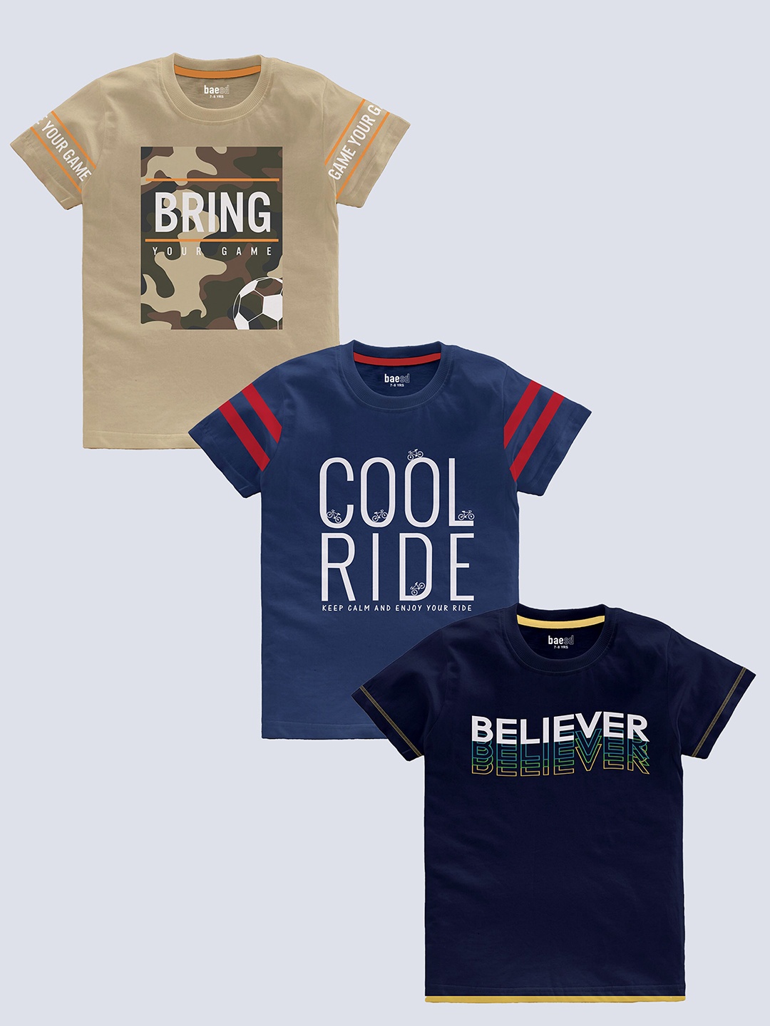BAESD Boys Pack Of 3 Typography Printed Pure Cotton T-shirt, Navy blue