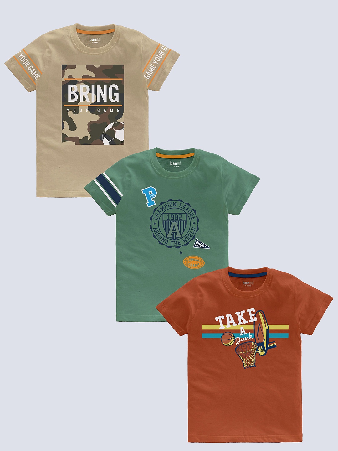

BAESD Boys Pack Of 3 Graphic Printed Pure Cotton T-shirts, Green