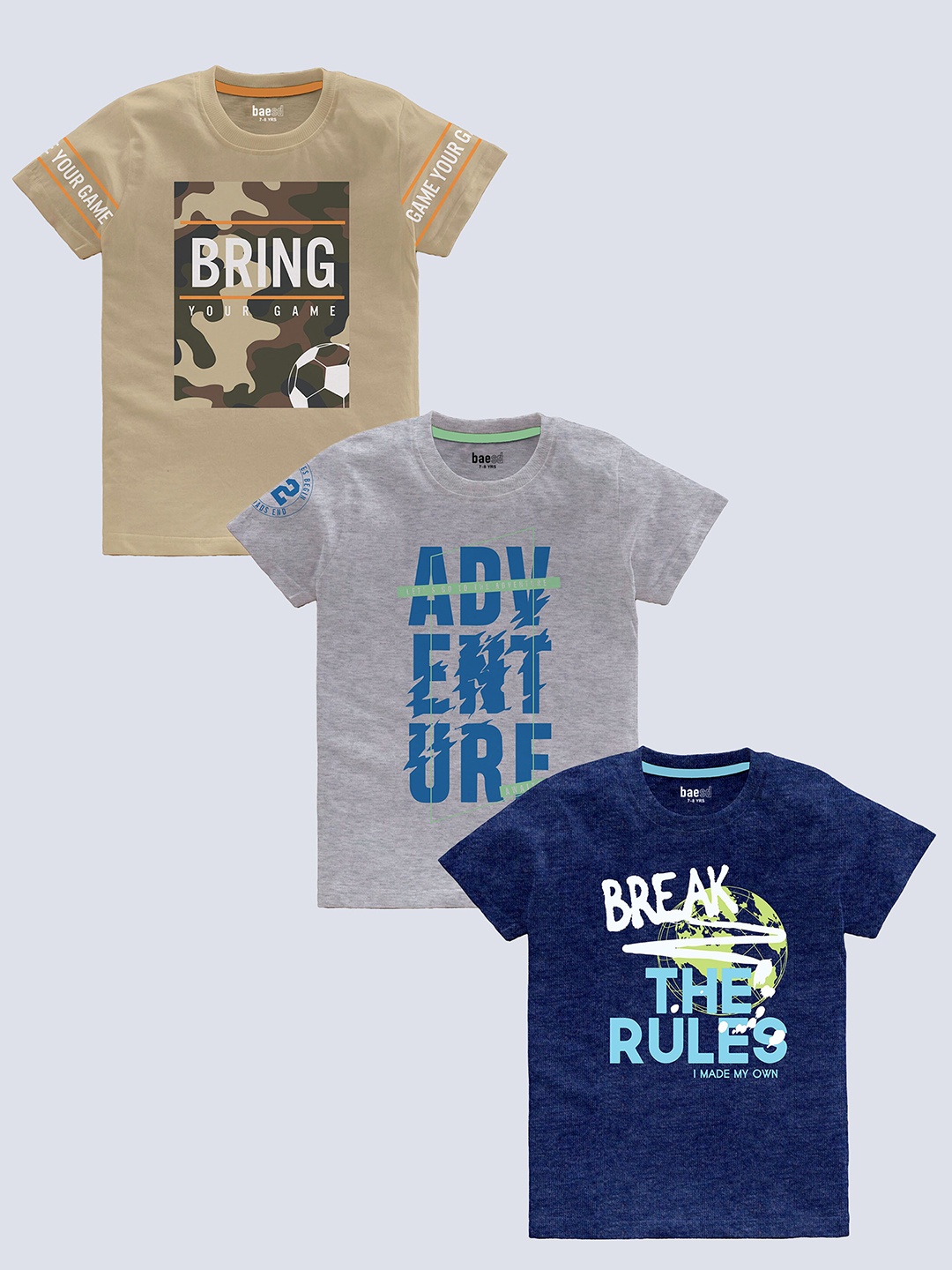 

BAESD Boys Pack Of 3 Typography Printed Pure Cotton T-shirt, Beige
