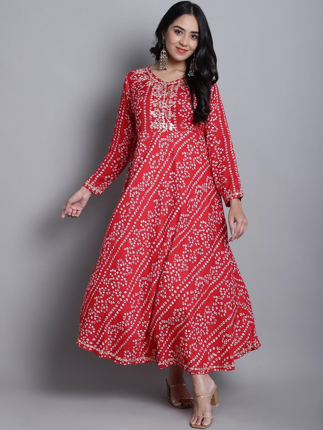 

KALINI Bandhani Ethnic Motifs Printed Round Neck Anarkali Kurta, Red