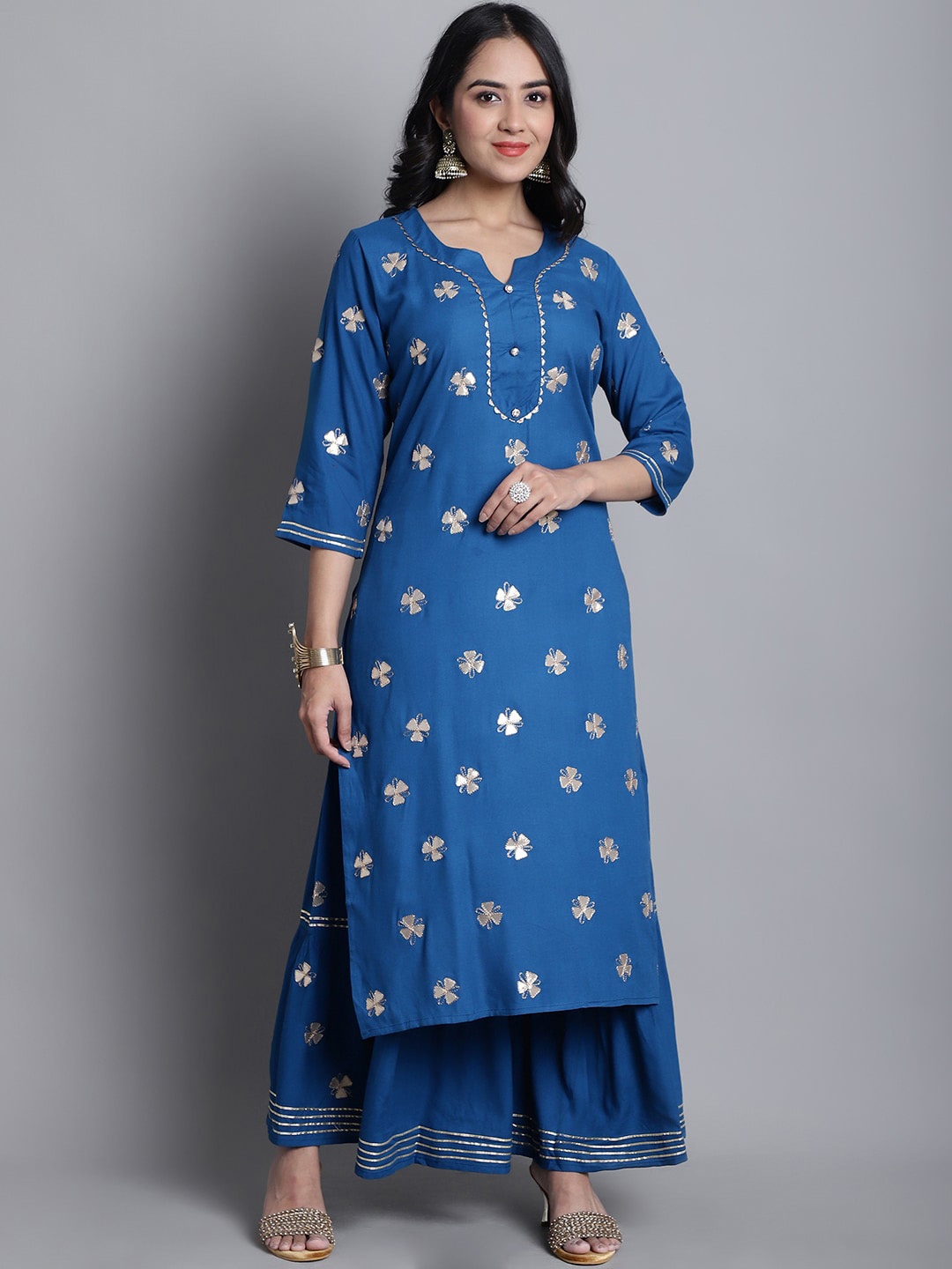 

KALINI Floral Embroidered Gotta Patti Kurta With Sharara, Blue