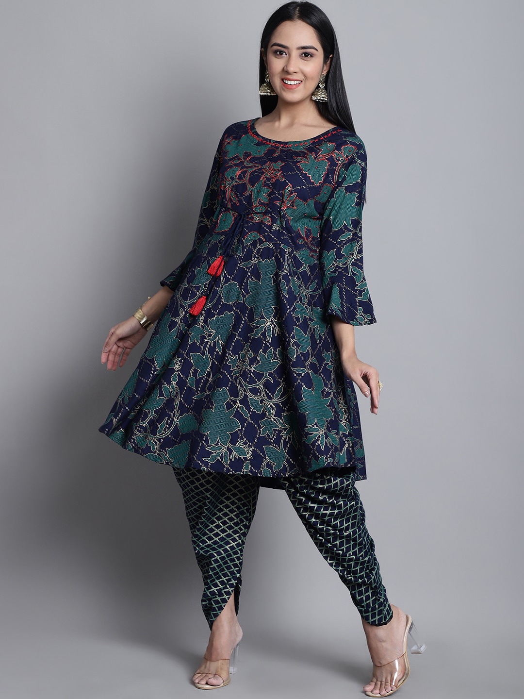 

KALINI Floral Printed Thread Work A-Line Kurta With Dhoti Pants, Blue