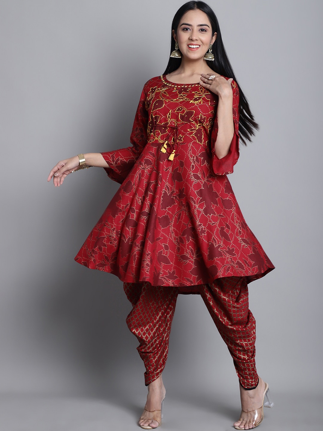 

KALINI Floral Printed Thread Work A-Line Kurta With Dhoti Pants, Maroon