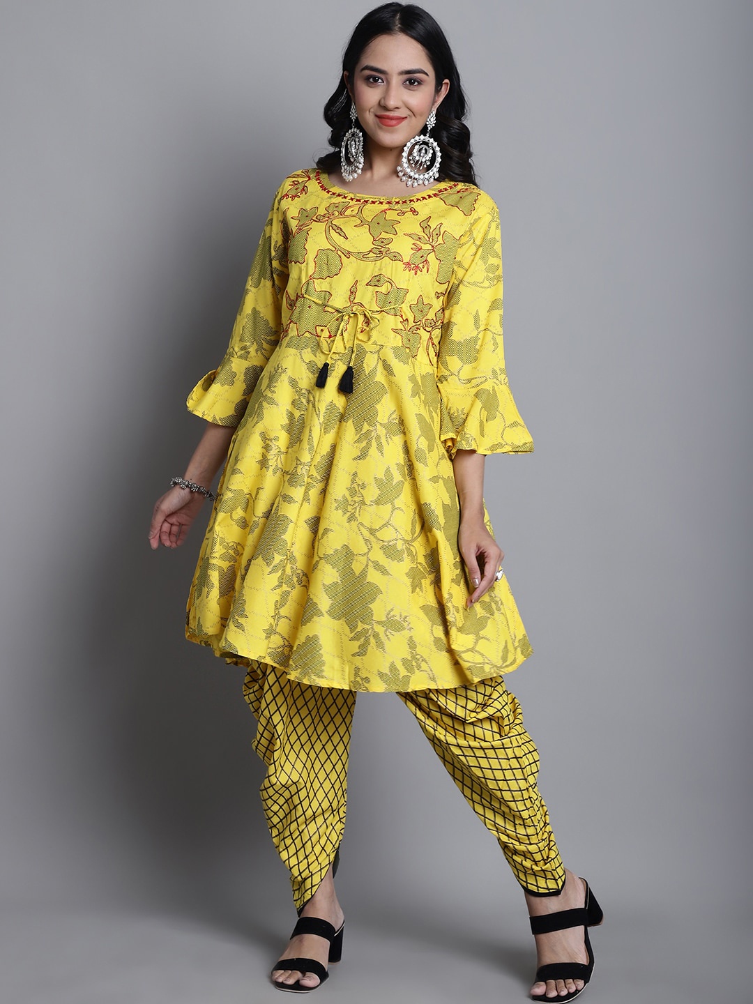 

KALINI Floral Printed Thread Work A-Line Kurta With Dhoti Pants, Yellow