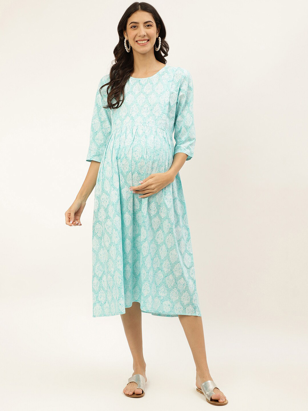 

Negen Ethnic Motif Printed Maternity Cotton A-Line Midi Dress, Blue