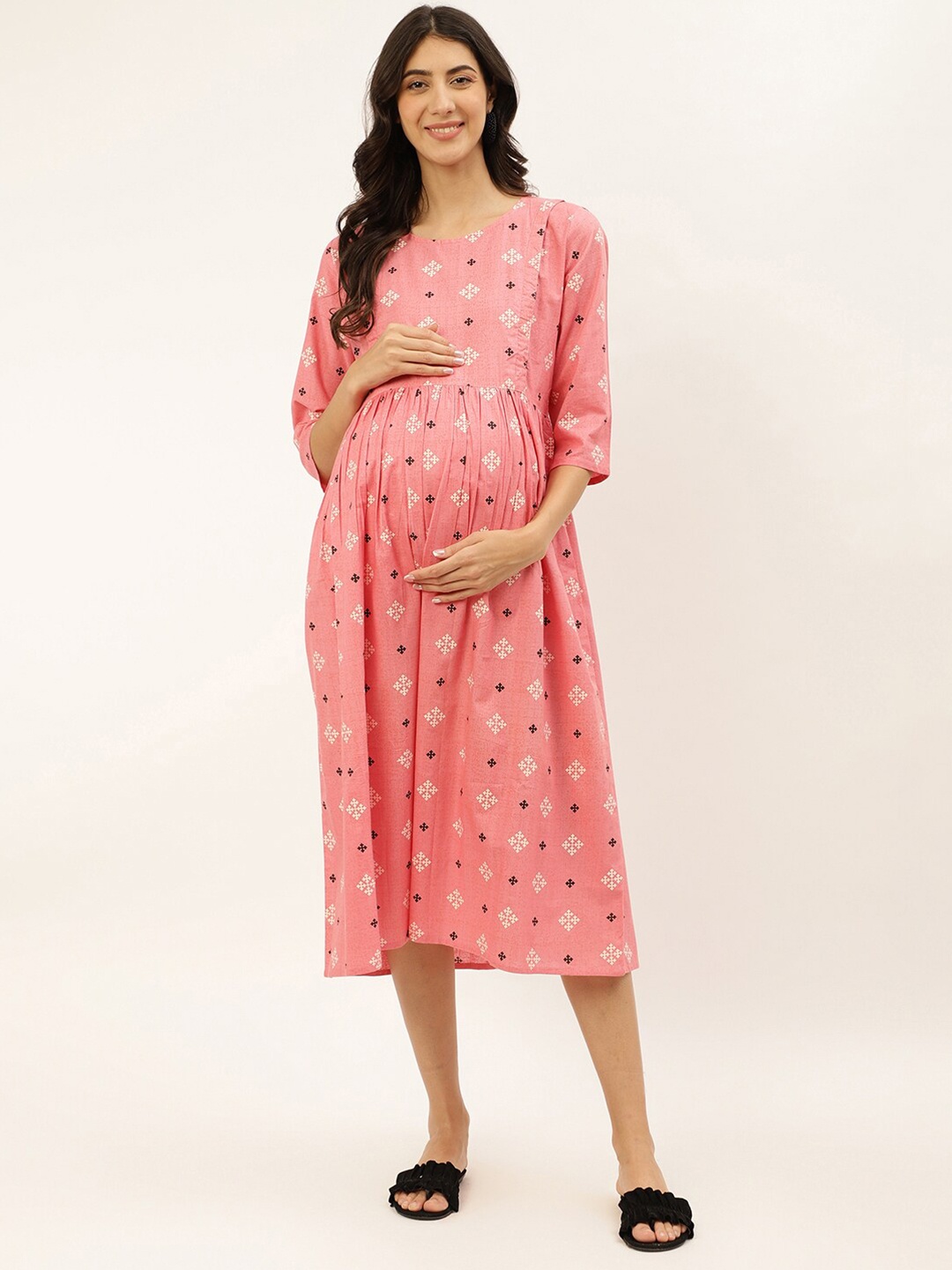 

Negen Ethnic Motifs Printed Maternity A-Line Midi Dress, Pink