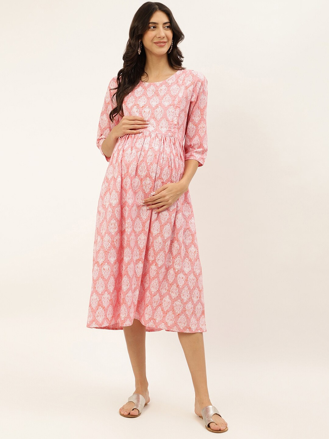 

Negen Ethnic Motifs Printed Maternity Fit & Flare Midi Cotton Dress, Pink