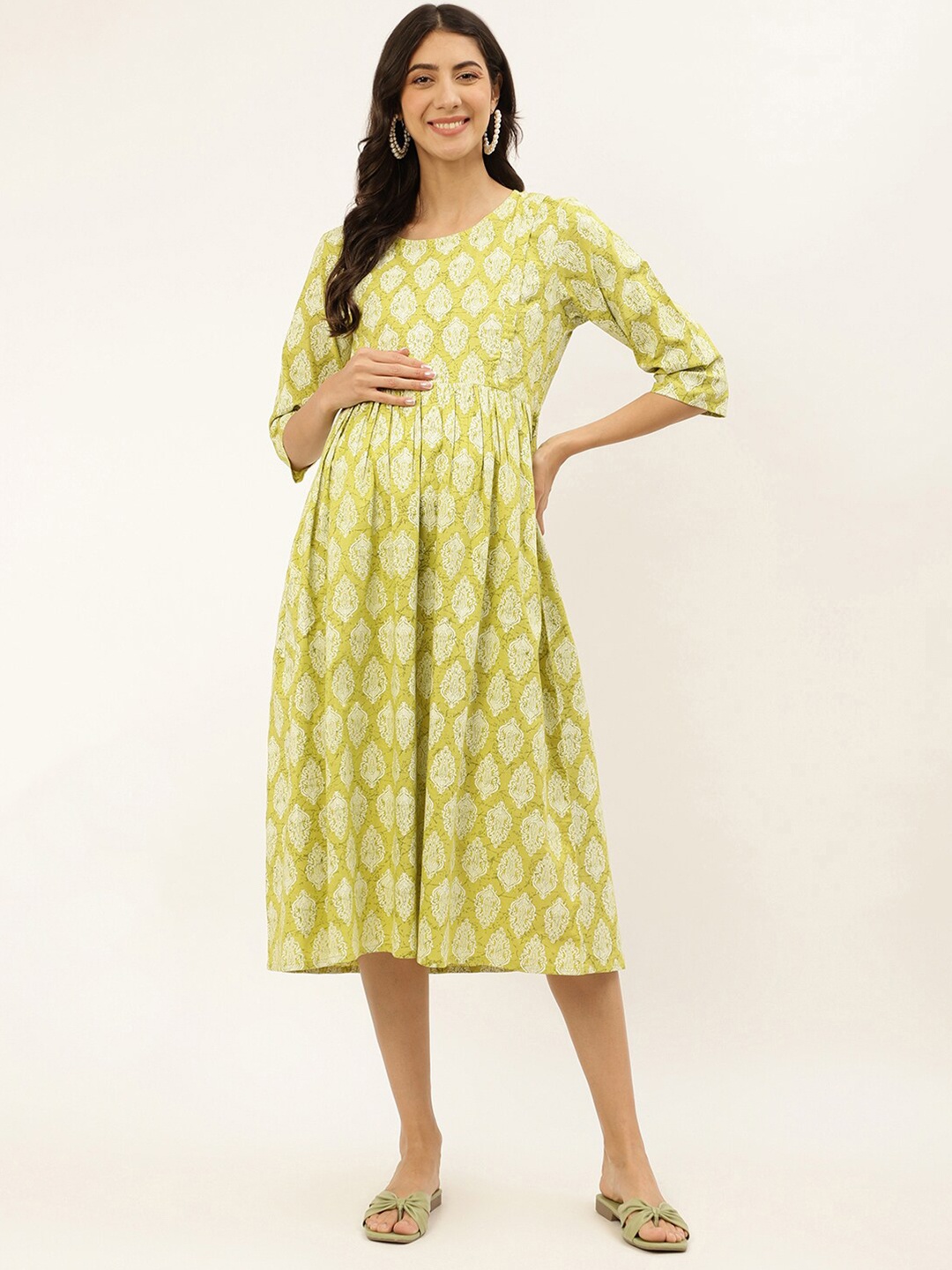 

Negen Ethnic Motifs Printed Maternity Fit & Flare Midi Cotton Dress, Lime green