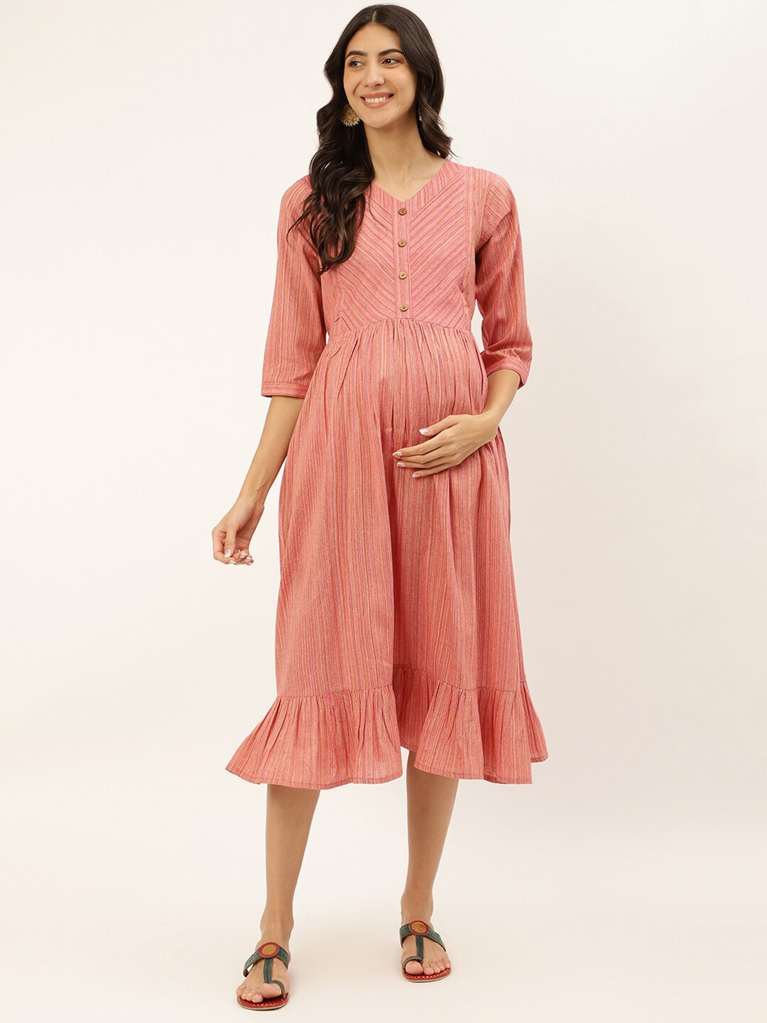 

Negen Striped V-Neck Maternity Cotton Fit and Flare Dress, Peach