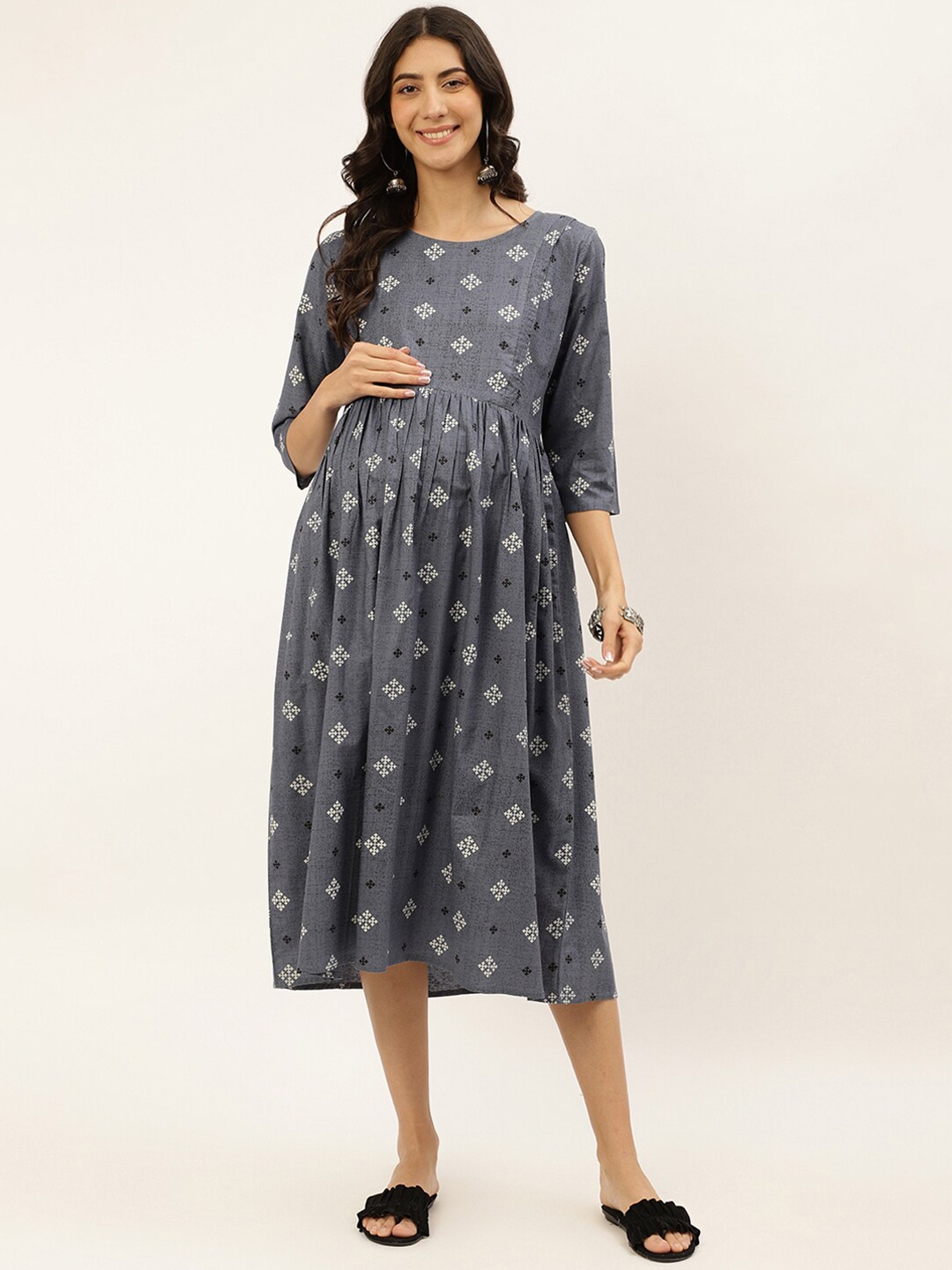 

Negen Ethnic Motifs Printed Maternity A-Line Midi Dress, Grey