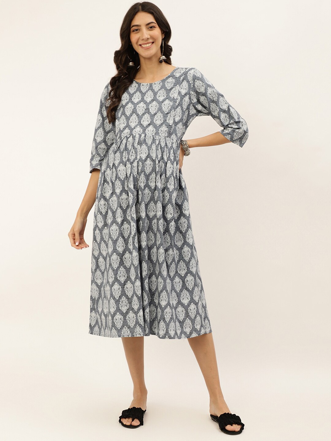 

Negen Ethnic Motifs Printed Maternity Cotton A-Line Midi Dress, Grey