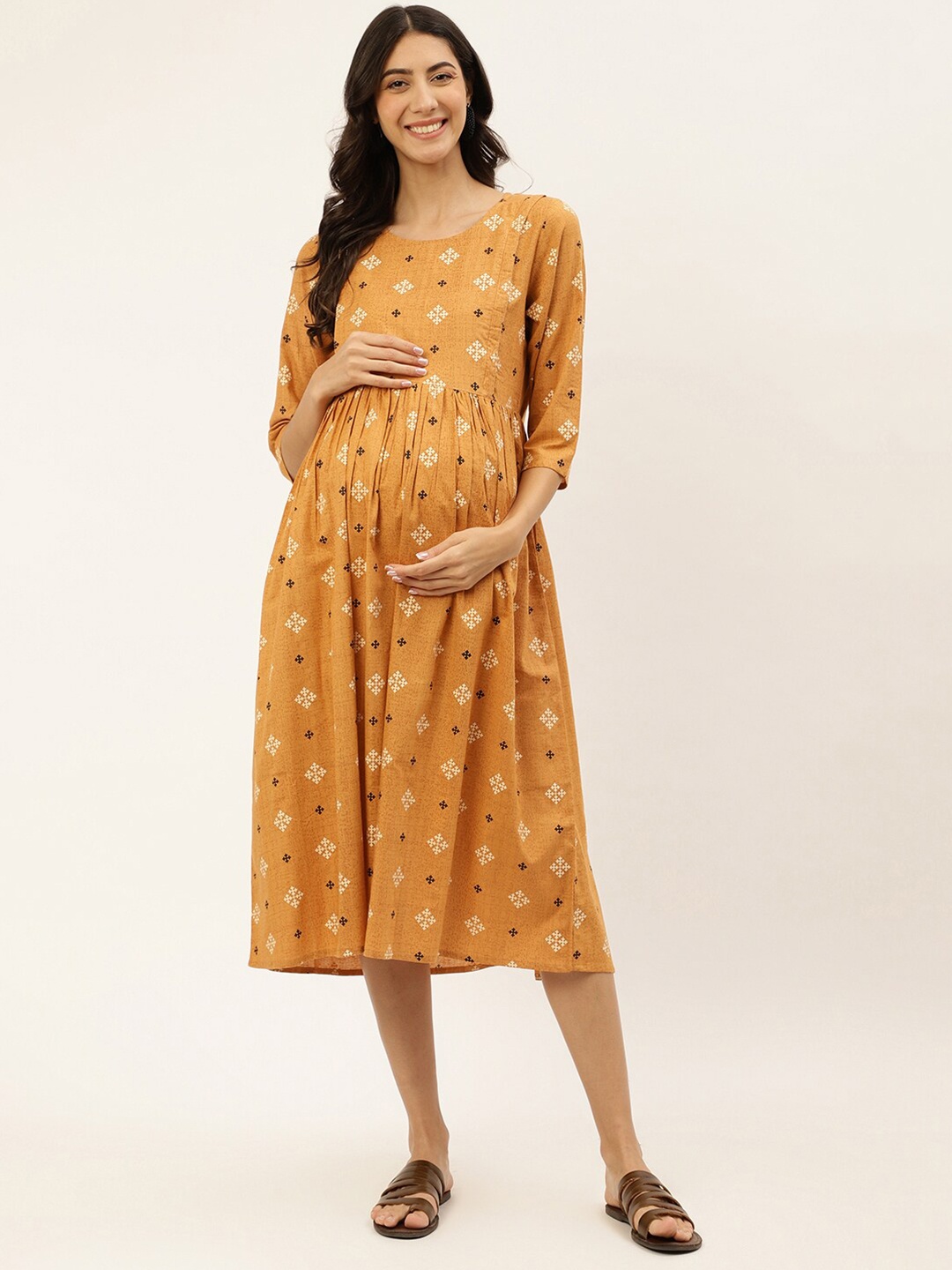 

Negen Orange Floral Printed Maternity Cotton A-Line Midi Dress