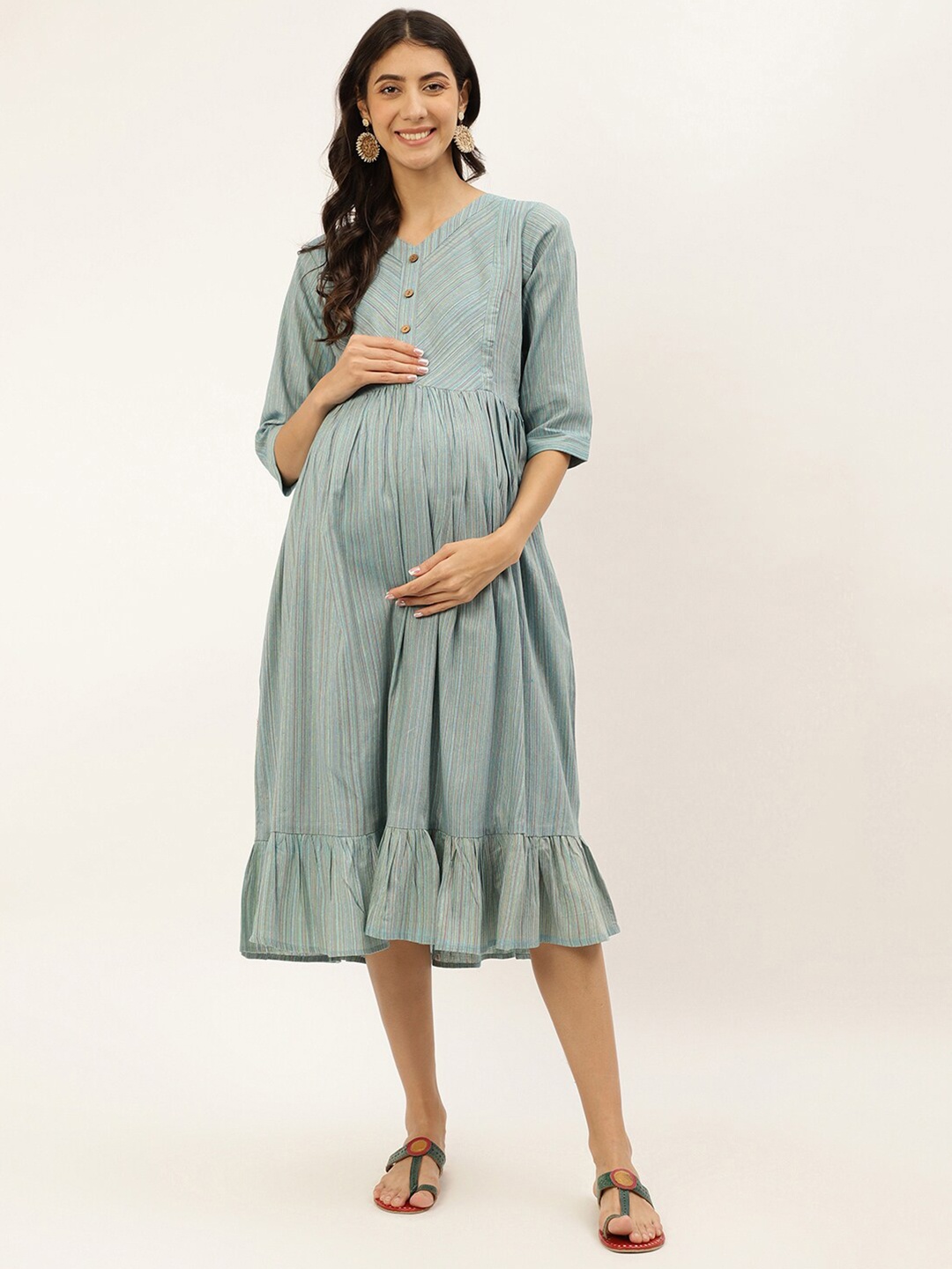 

Negen Striped Maternity Fit & Flare Midi Cotton Dress, Blue