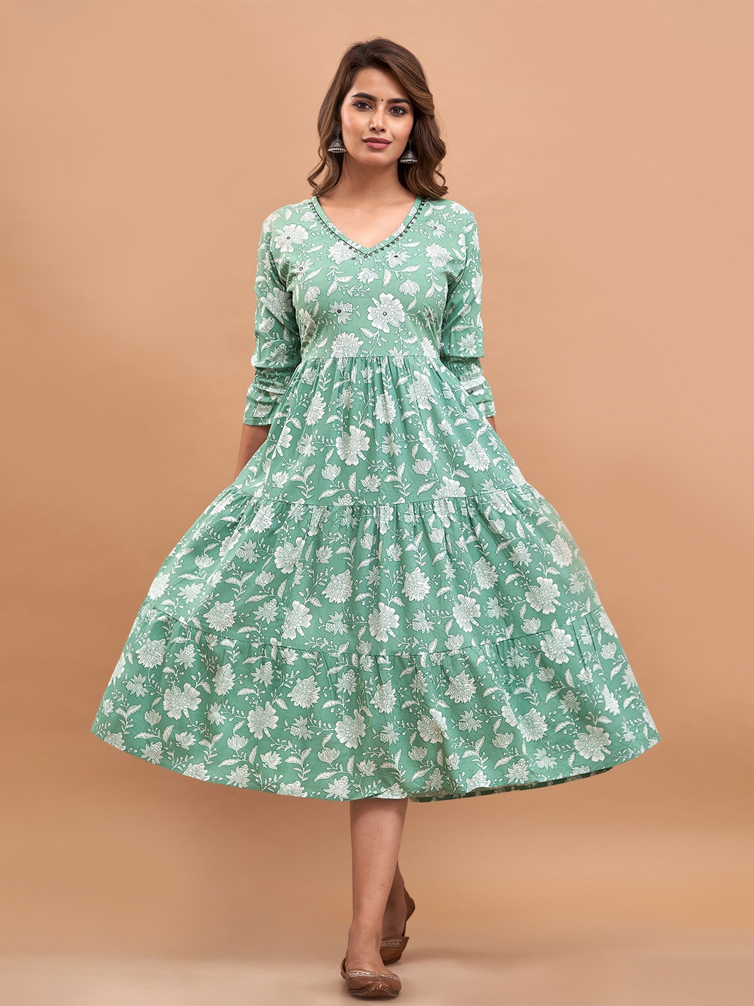 

Shedika Sea Green Floral Print Maternity A-Line Midi Dress