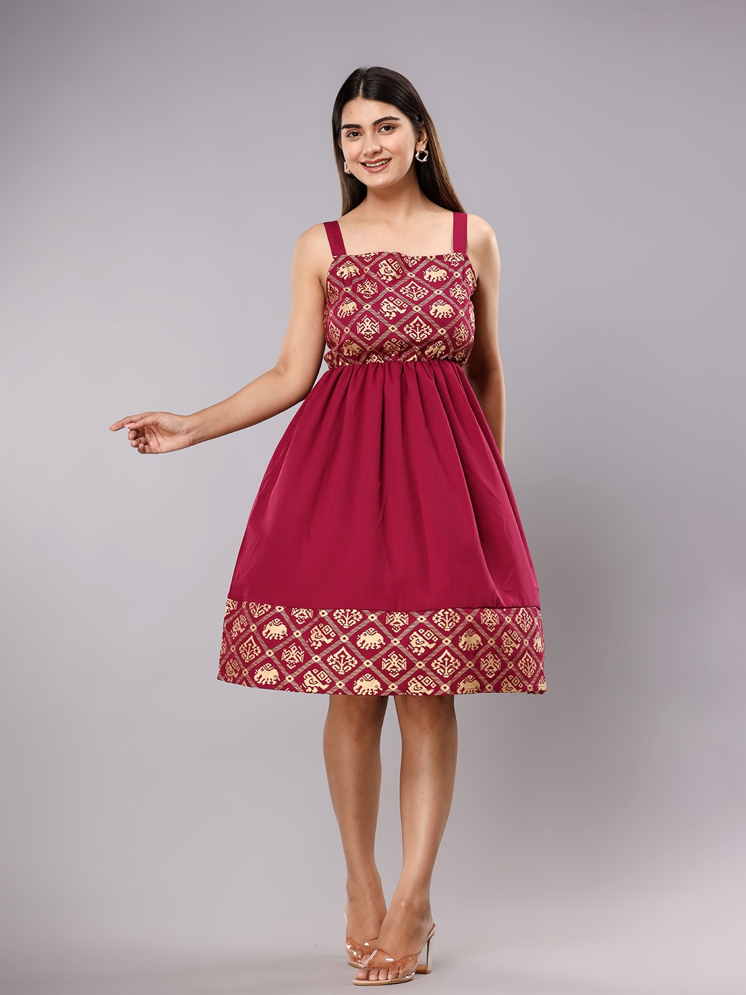 

Shedika Ethnic Motifs Printed Crepe Fit & Flare Ethnic Dress, Maroon