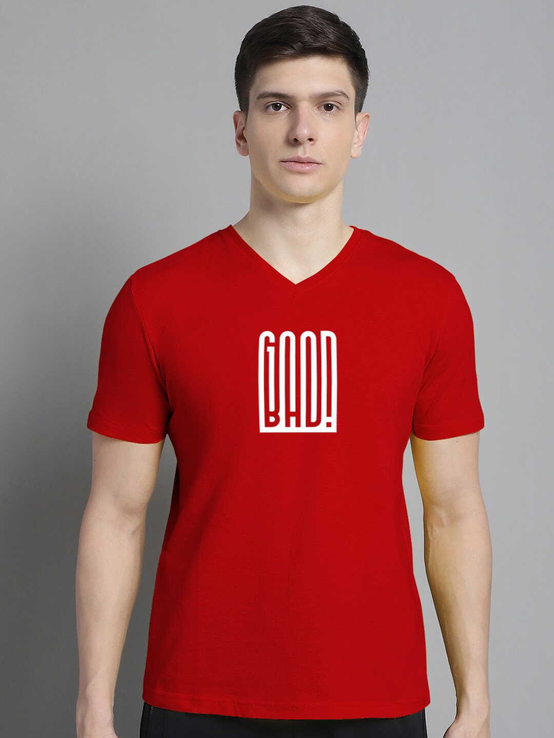 

FBAR Typography Printed V-Neck Slim Fit Cotton T-shirt, Red