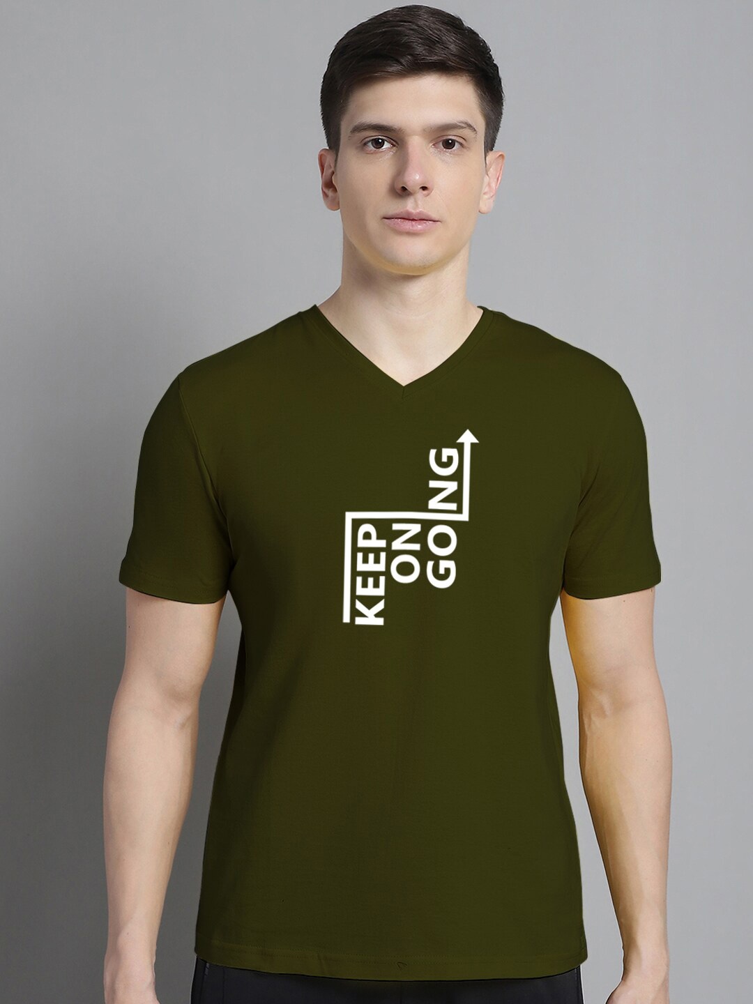 

FBAR Typography Printed V-Neck Slim Fit Cotton T-shirt, Olive