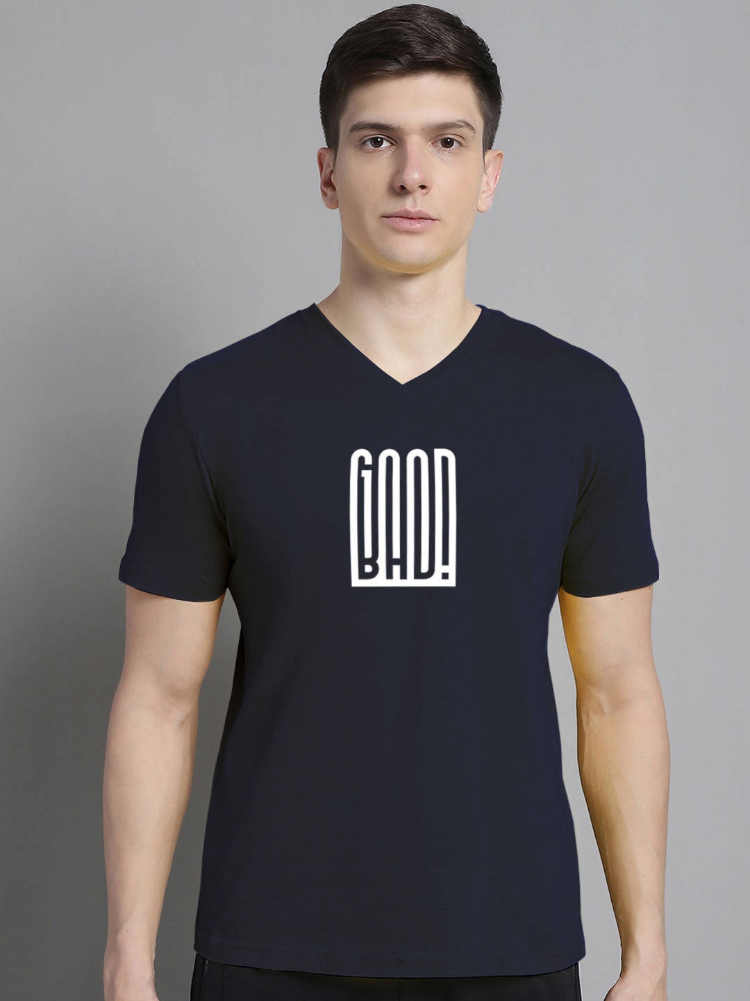 

FBAR Typography Printed V-Neck Slim Fit Cotton T-shirt, Navy blue