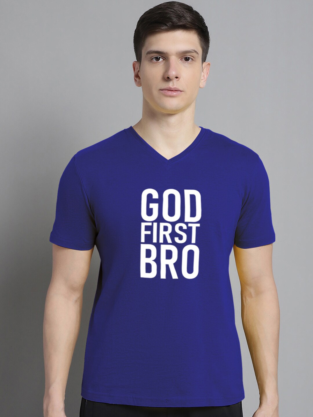

FBAR Typography Printed V-Neck Cotton Slim Fit T-shirt, Blue
