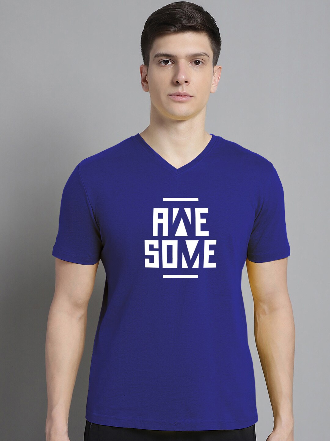

FBAR Typography Printed V-Neck Cotton Slim Fit T-shirt, Blue