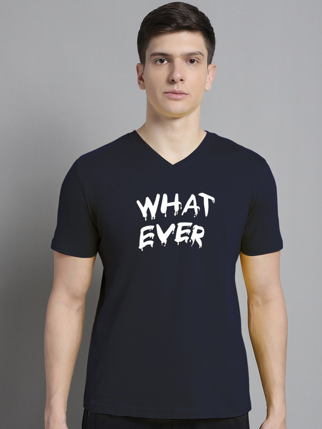 

FBAR Typography Printed V-Neck Cotton Slim Fit T-shirt, Navy blue