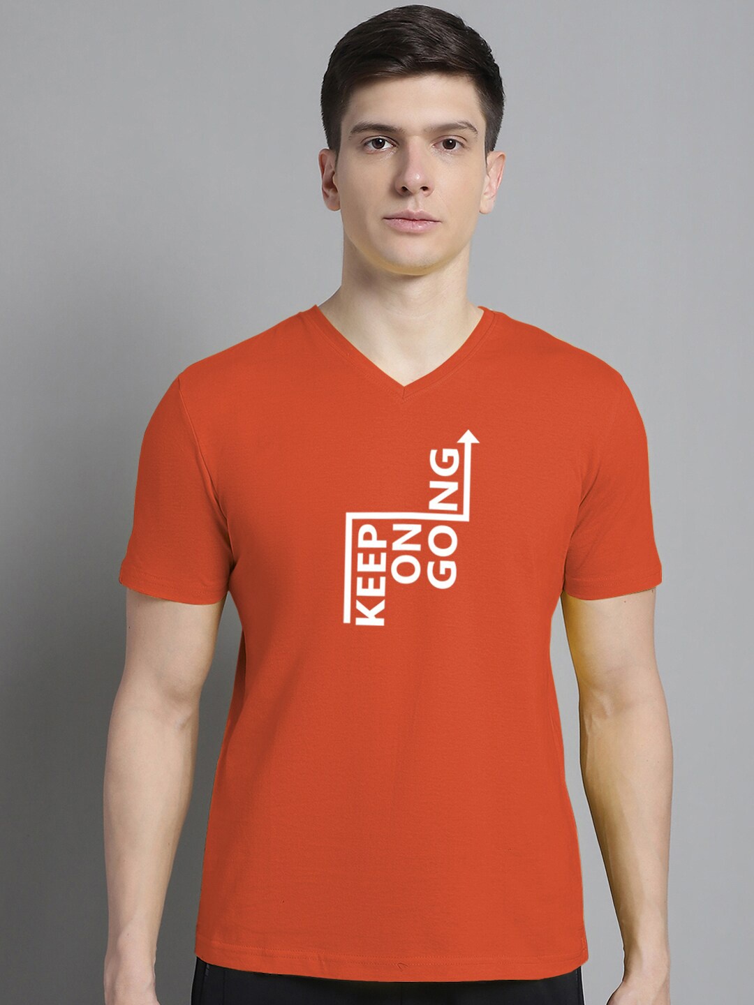 

FBAR Typography Printed V-Neck Slim Fit Cotton T-shirt, Orange