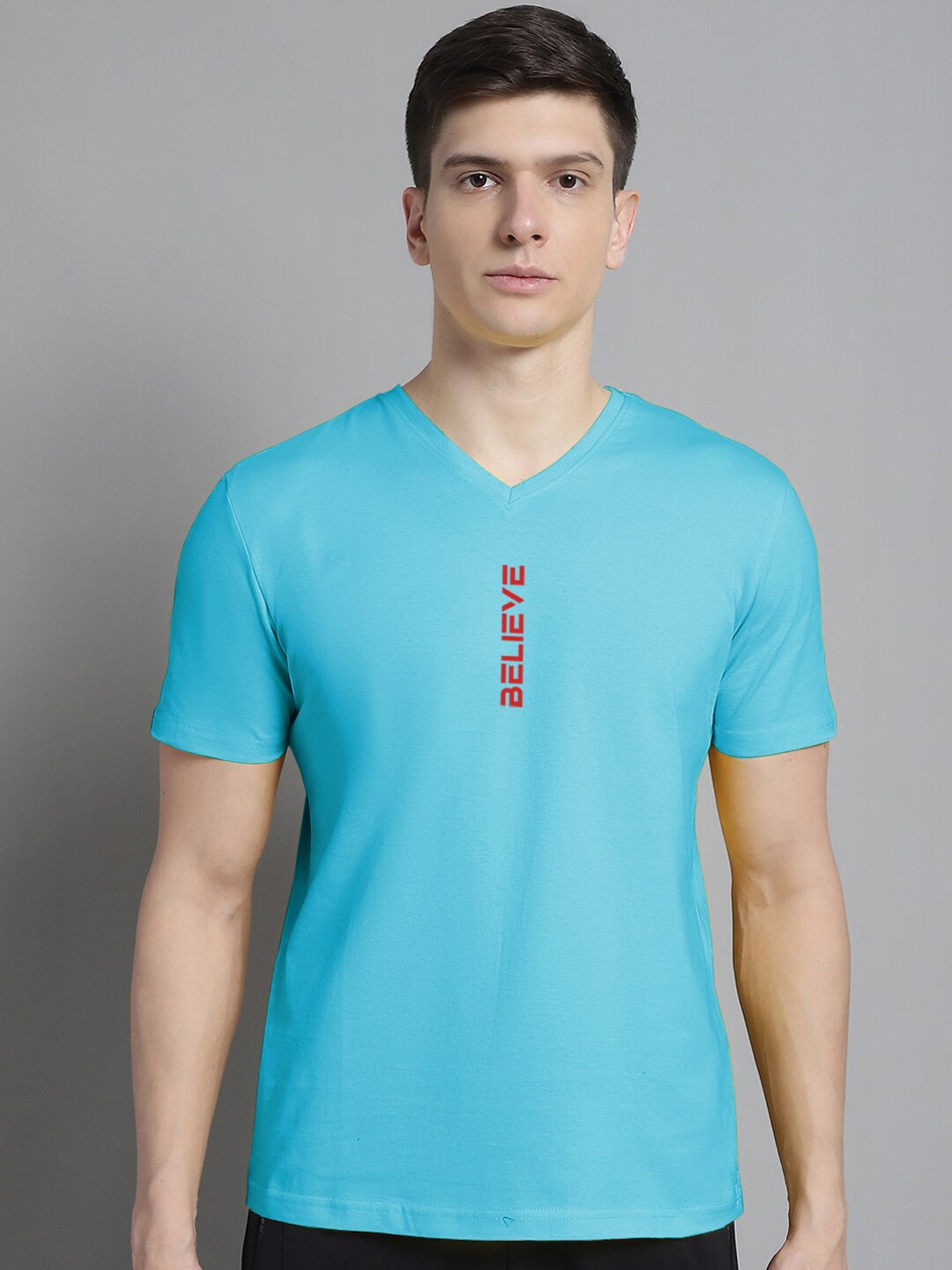 

FBAR Typography Printed V-Neck Slim Fit Cotton T-shirt, Turquoise blue