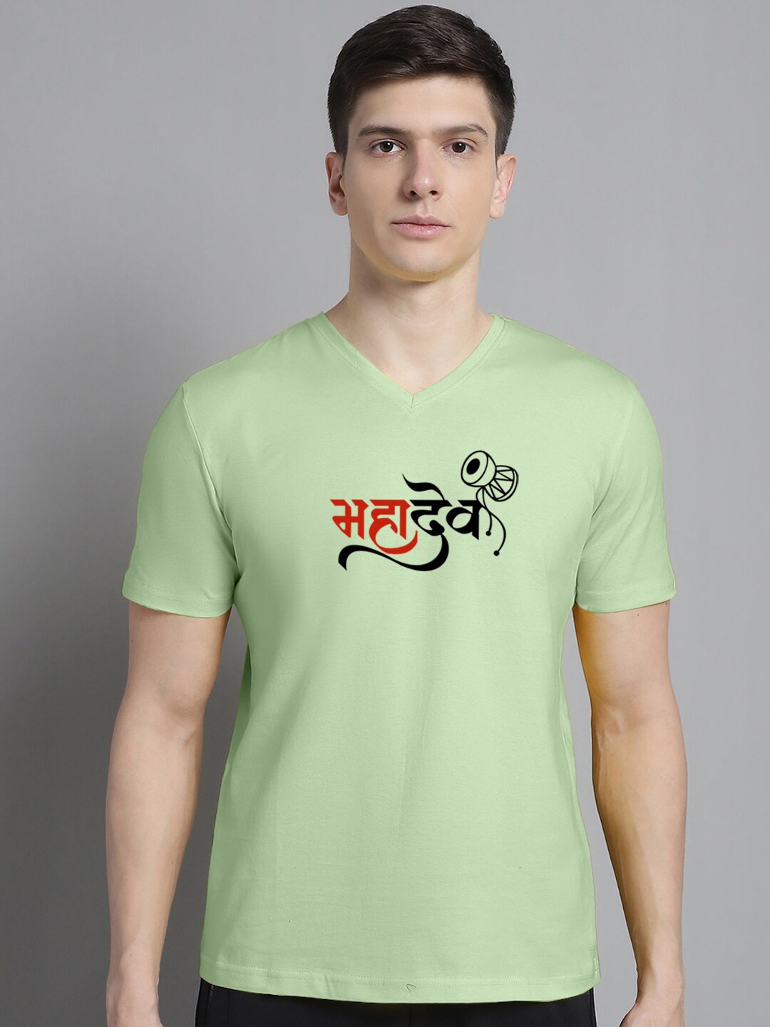 FBAR Typography Printed V-Neck Slim Fit Cotton T-shirt, Sea green