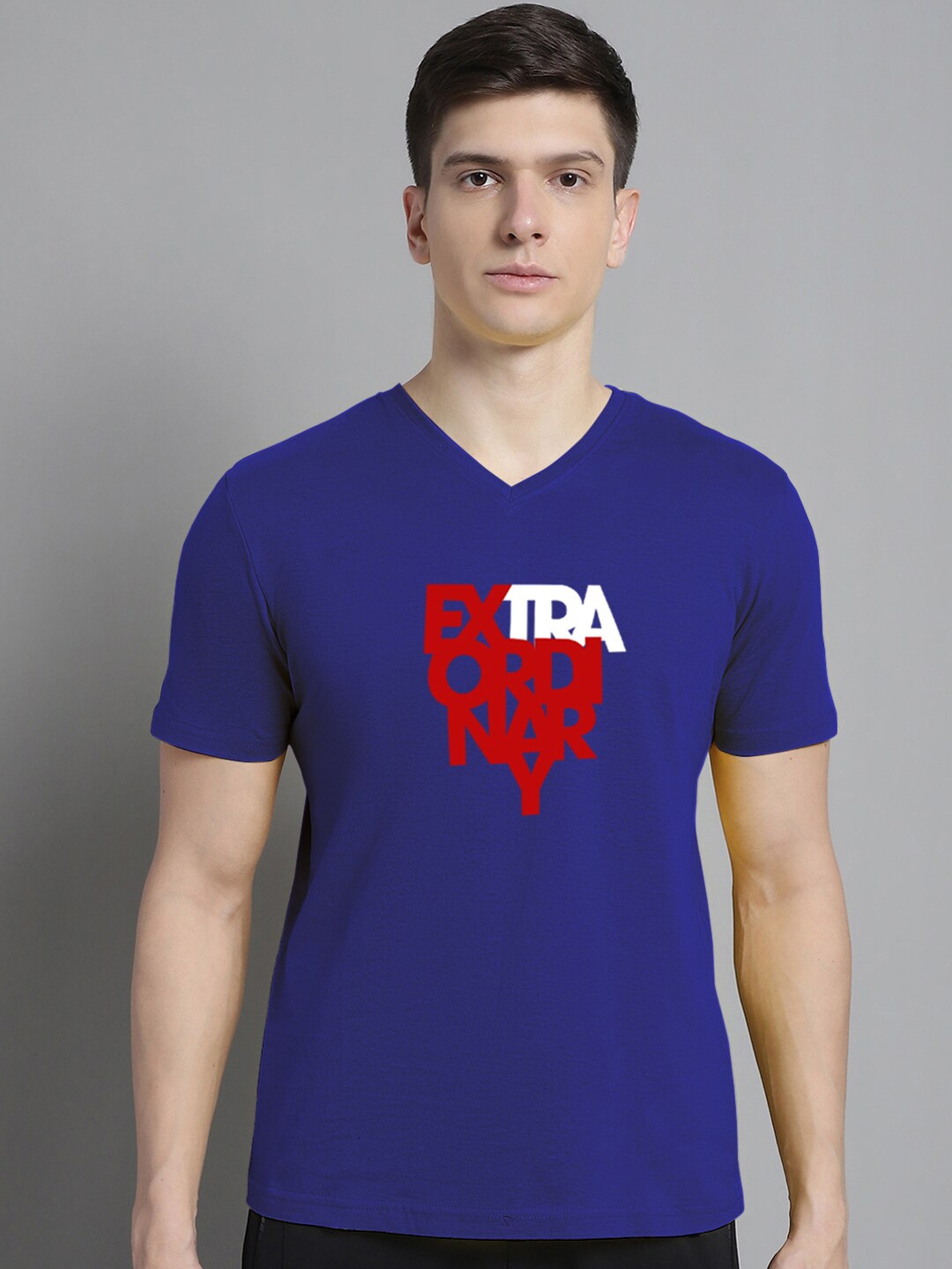 FBAR Typography Printed V-Neck Slim Fit Cotton T-shirt, Blue