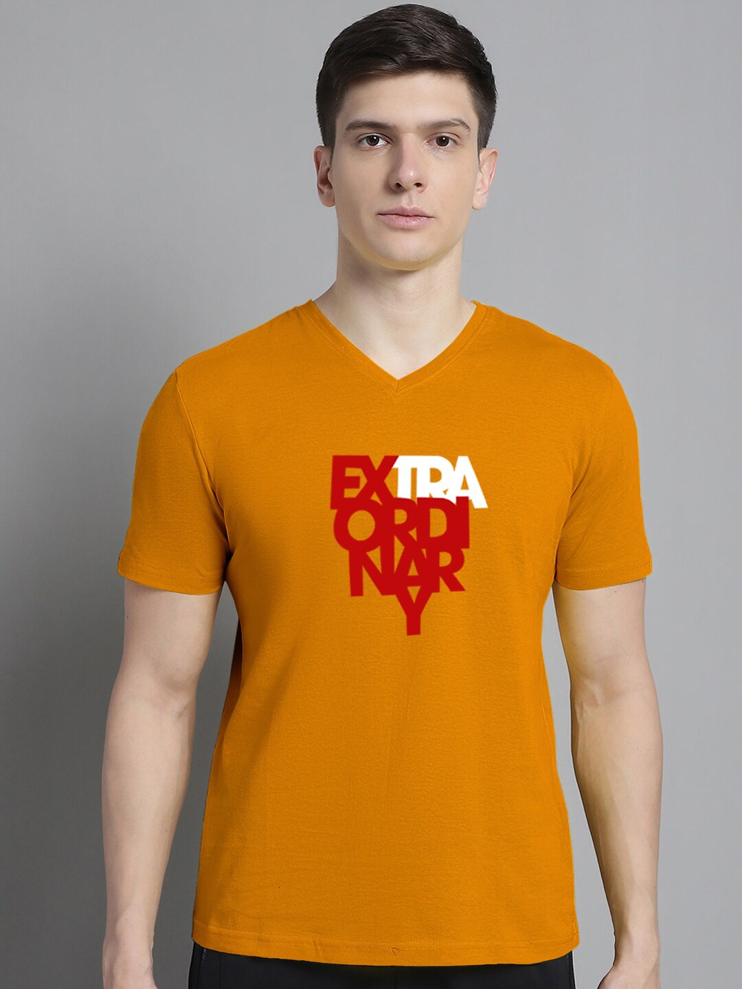 

FBAR Typography Printed V-Neck Slim Fit Cotton T-shirt, Gold