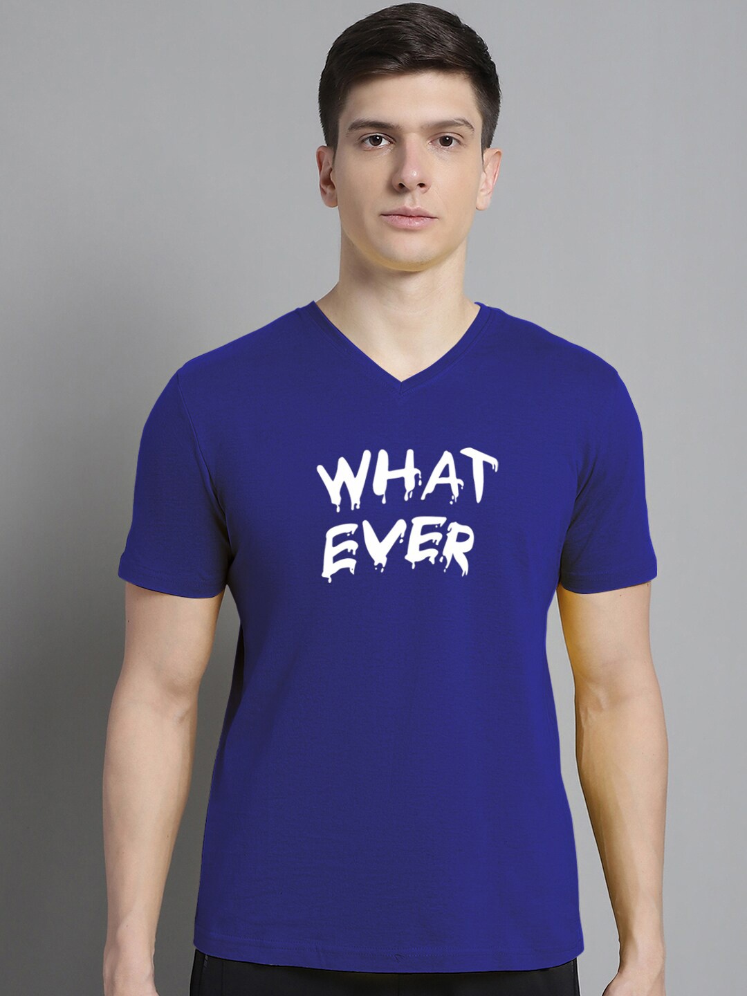 FBAR Typography Printed V-Neck Slim Fit Cotton T-shirt, Blue