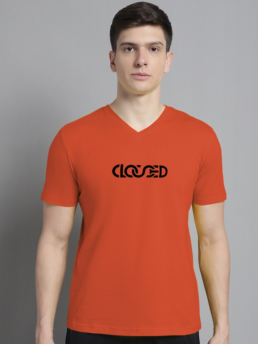 

FBAR Typography Printed V-Neck Slim Fit Cotton T-shirt, Orange