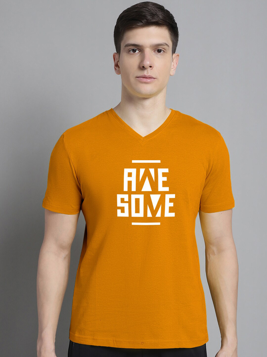 

FBAR Typography Printed V-Neck Slim Fit T-shirt, Gold