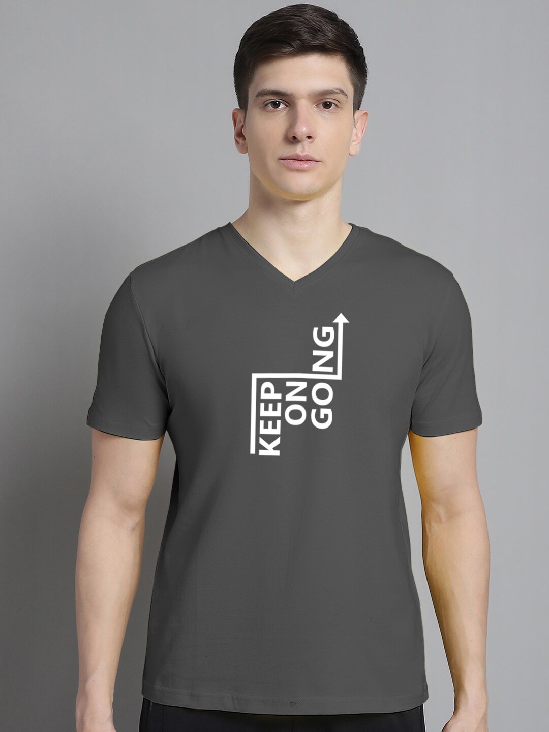 FBAR Typography Printed V-Neck Slim Fit T-shirt, Grey