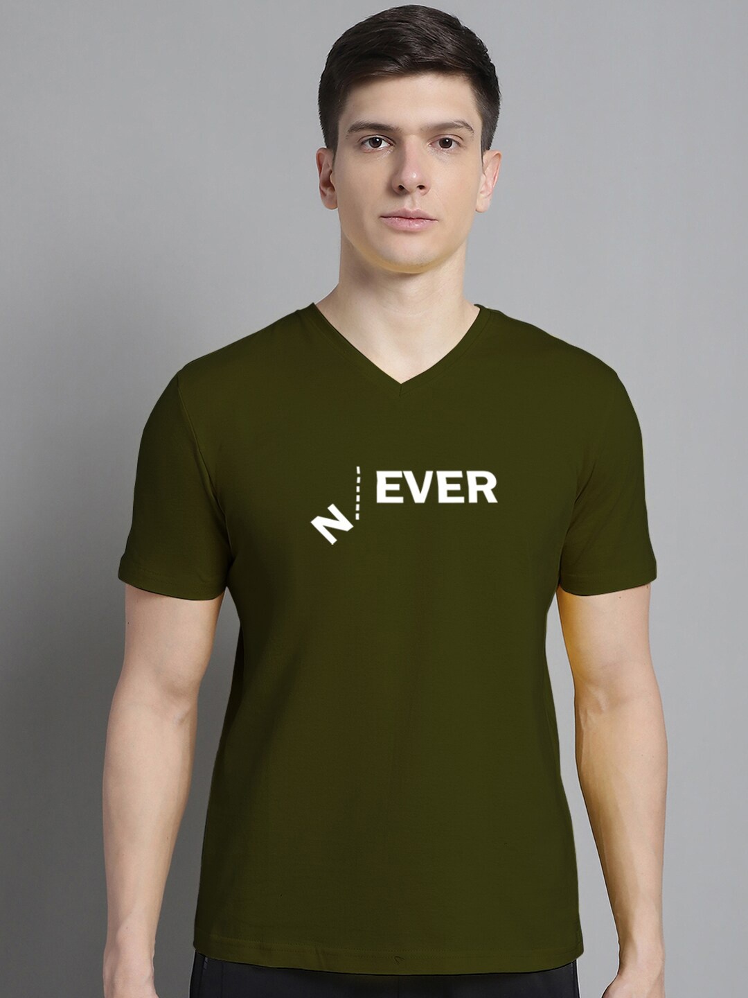 

FBAR Typography Printed V-Neck Short Sleeves Cotton Slim Fit T-shirt, Olive