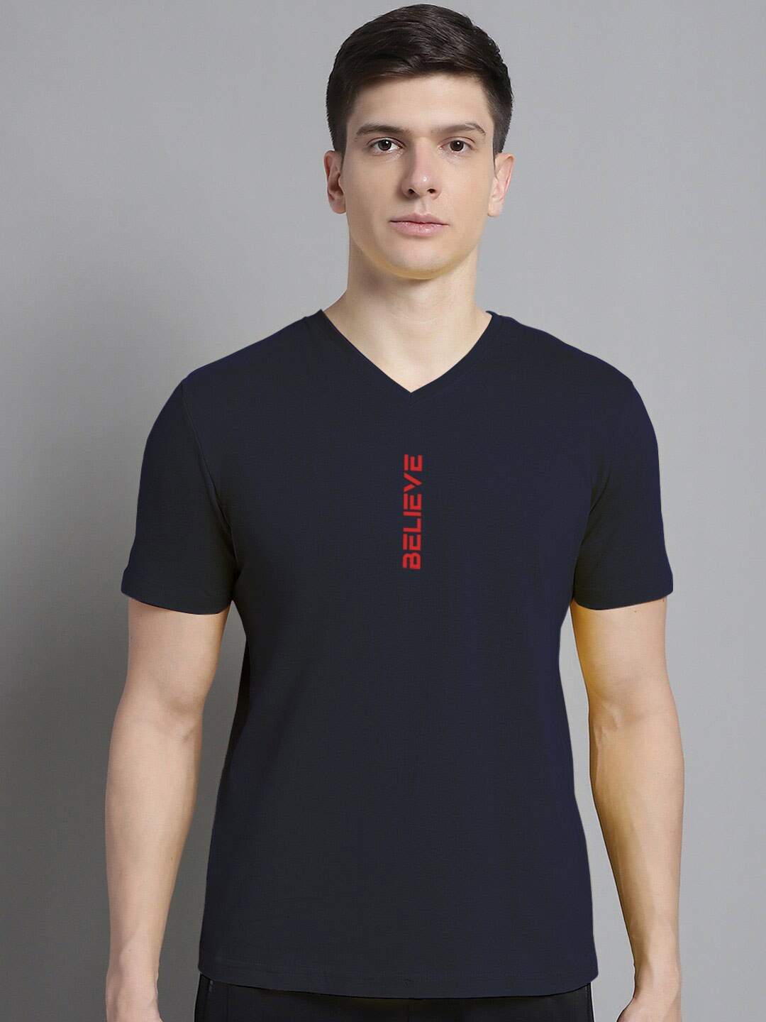 

FBAR Typography Printed V-Neck Short Sleeves Cotton Slim Fit T-shirt, Navy blue