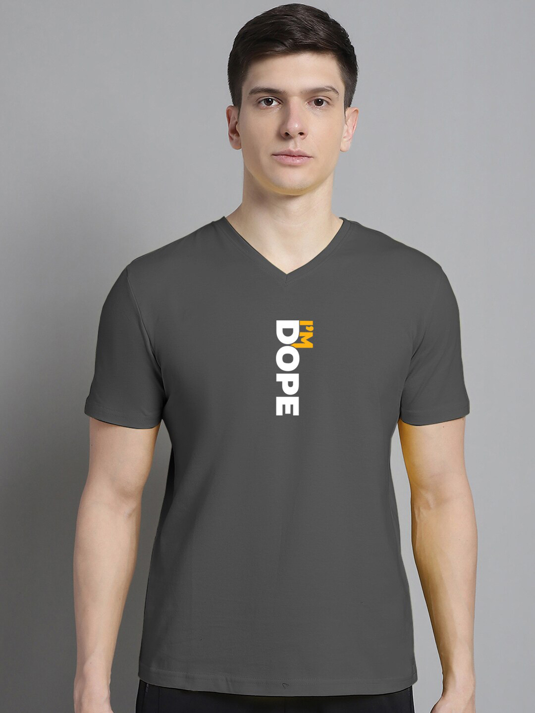 

FBAR Typography Printed V-Neck Short Sleeves Cotton Slim Fit T-shirt, Grey
