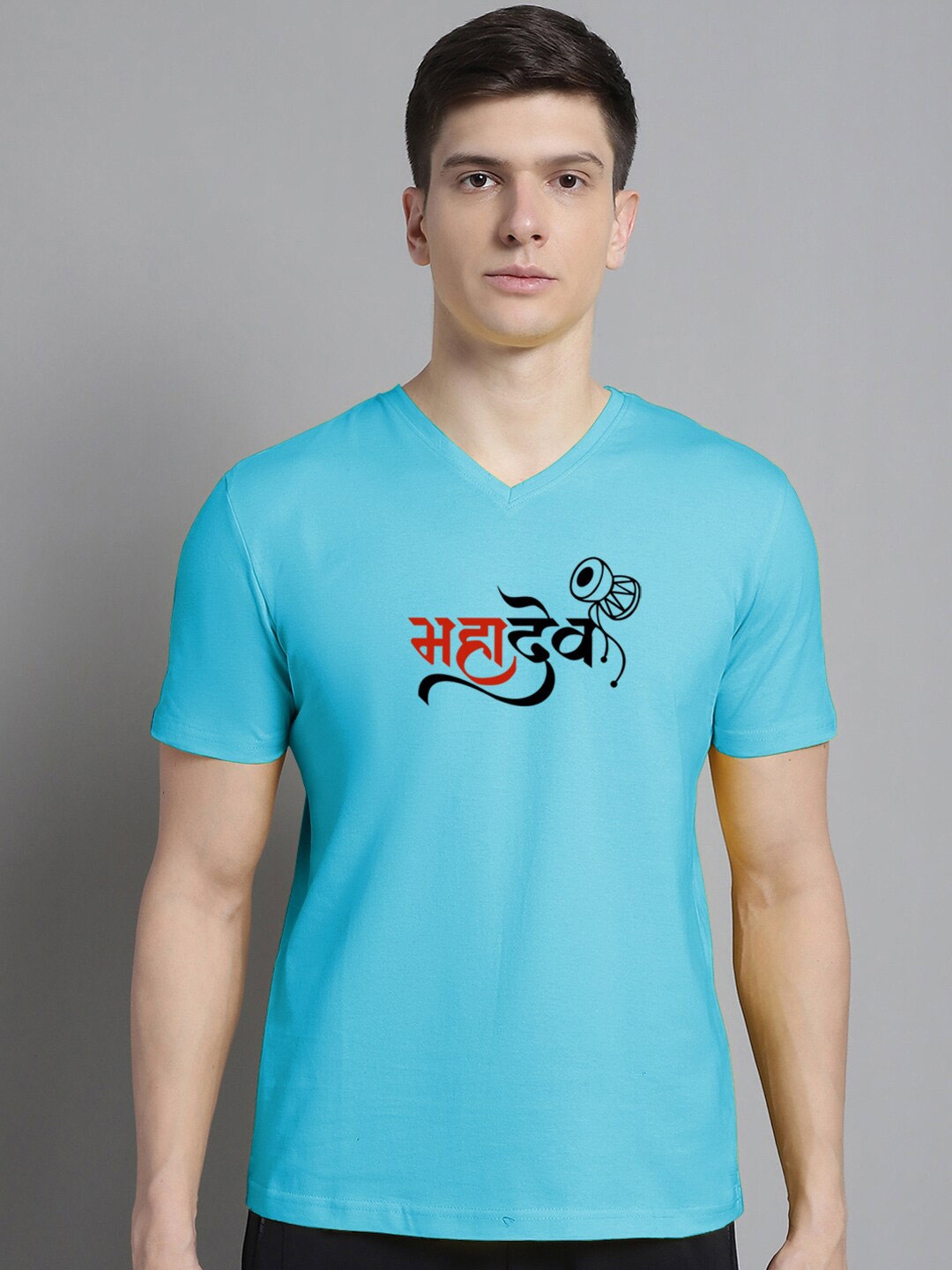 

FBAR Typography Printed V-Neck Short Sleeves Cotton Slim Fit T-shirt, Turquoise blue