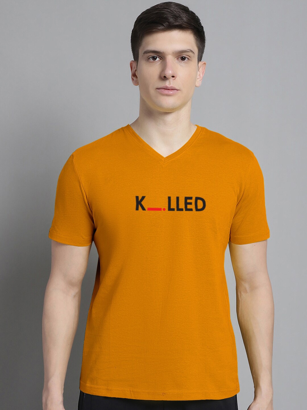 FBAR Typography Printed V-Neck Cotton Slim Fit T-shirt, Gold