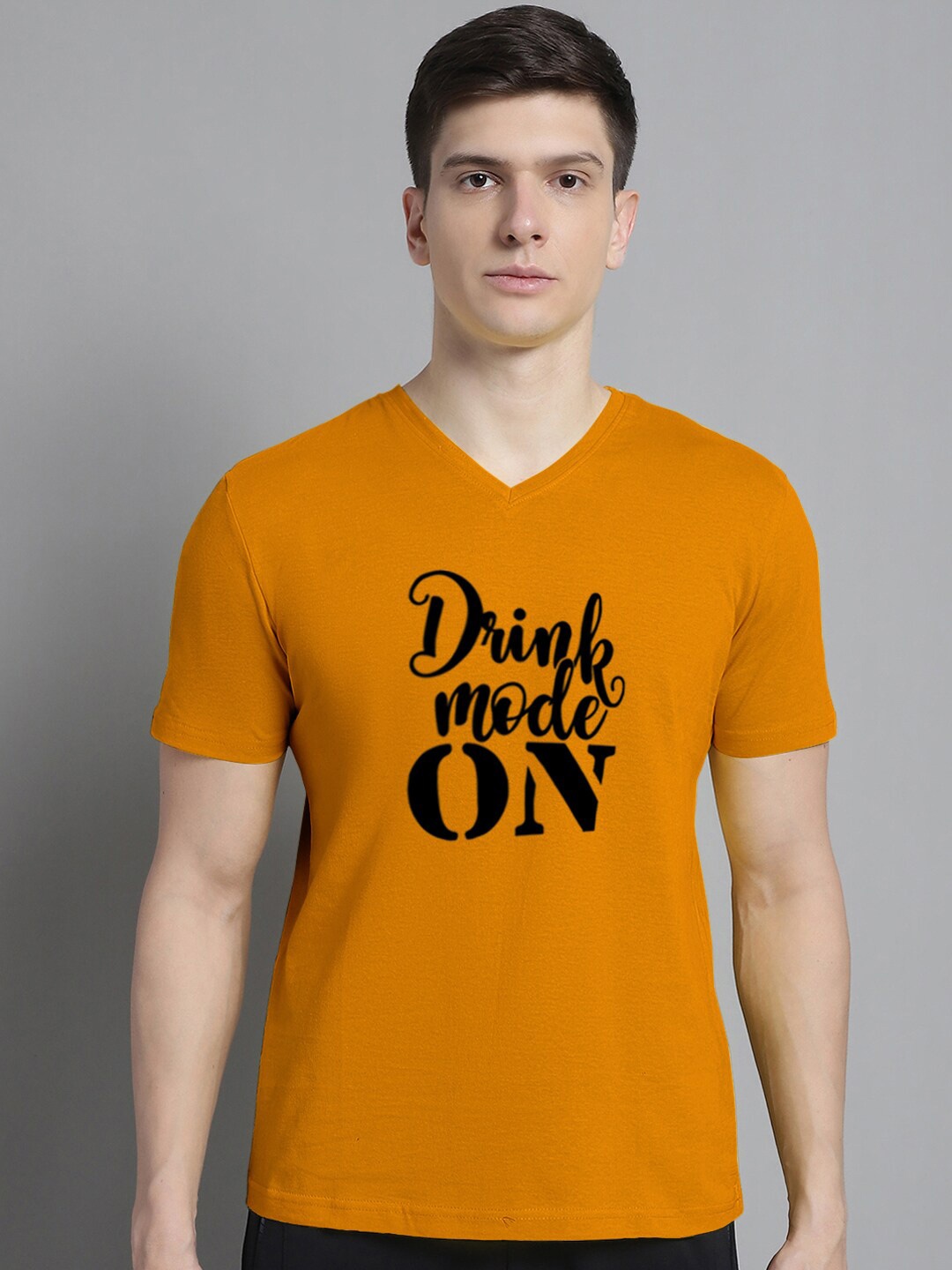 

FBAR Typography Printed V-Neck Cotton Slim Fit T-shirt, Gold