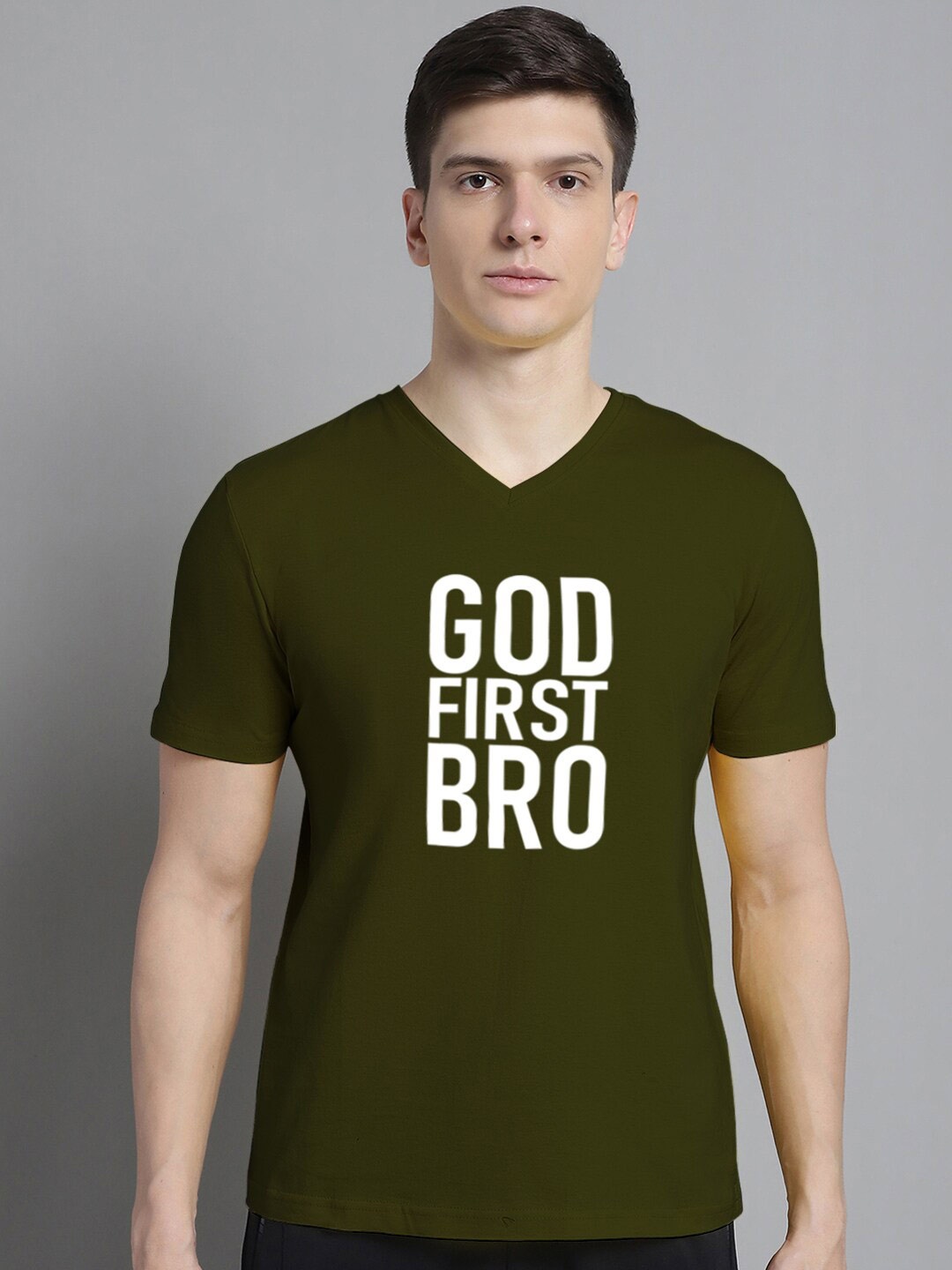 

FBAR Typography Printed V-Neck Cotton Slim Fit T-shirt, Olive