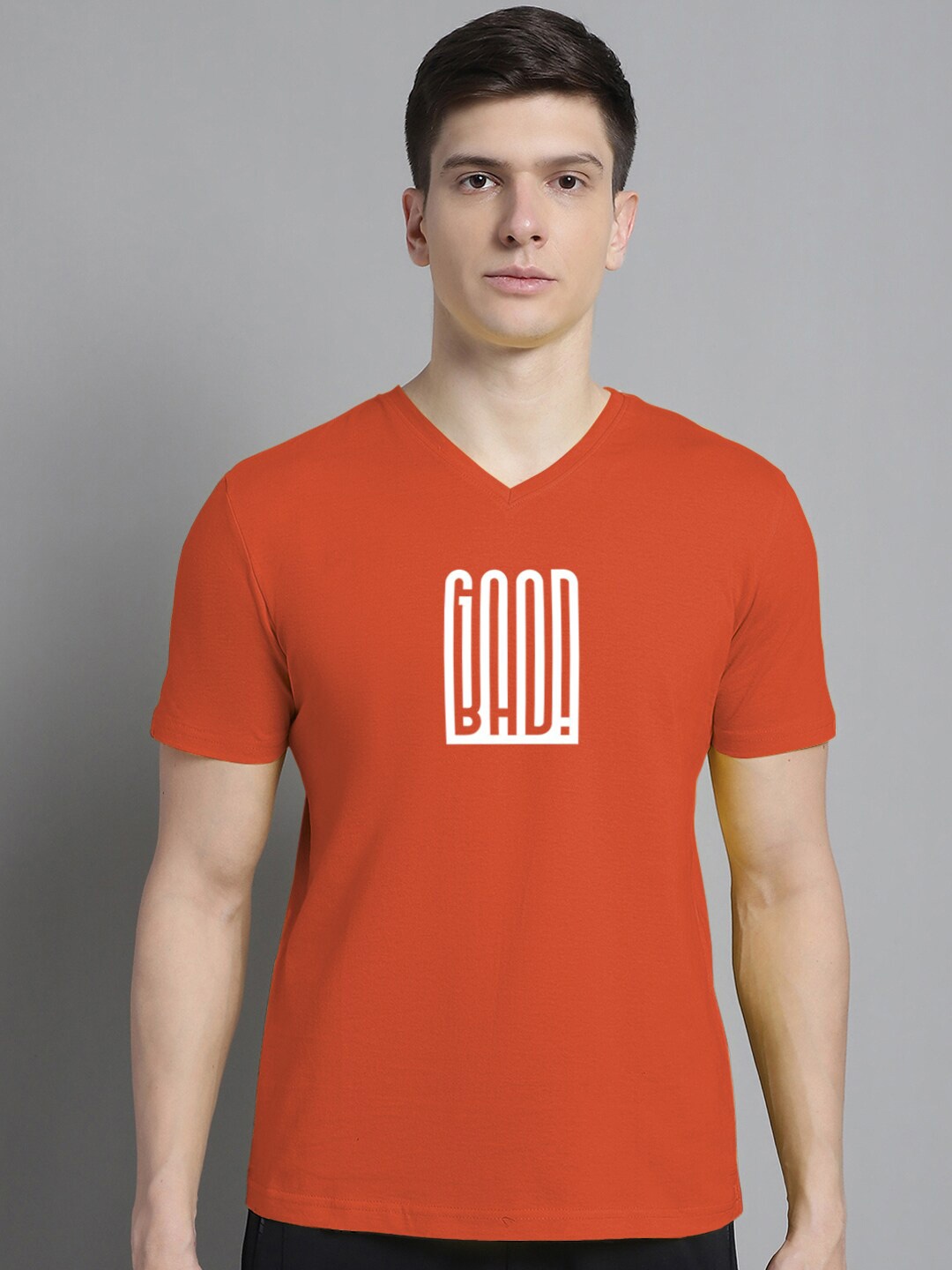 

FBAR Typography Printed V-Neck Cotton Slim Fit T-shirt, Orange