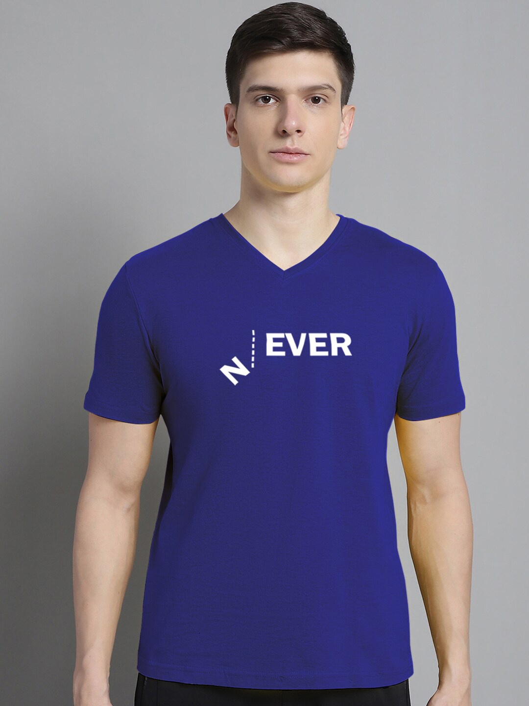 FBAR Typography Printed V-Neck Cotton Slim Fit T-shirt, Blue