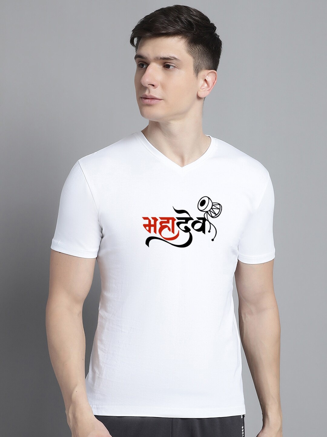 FBAR Typography Printed V-Neck Cotton Slim Fit T-shirt, White