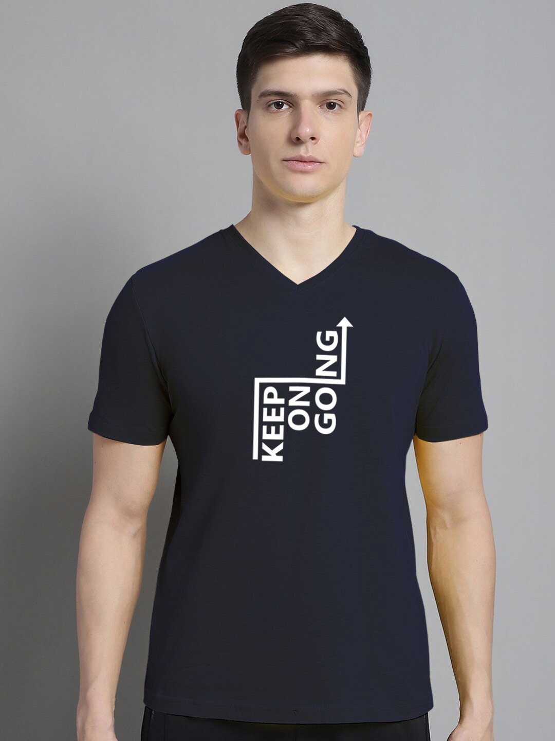 FBAR Typography Printed V-Neck Cotton Slim Fit T-shirt, Navy blue