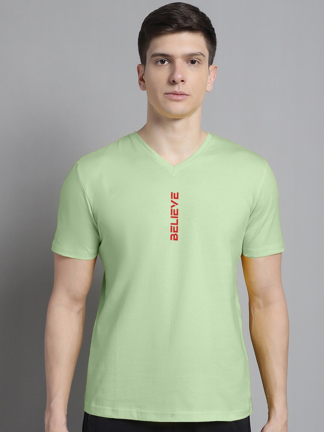 FBAR Typography Printed V-Neck Cotton Slim Fit T-shirt, Sea green