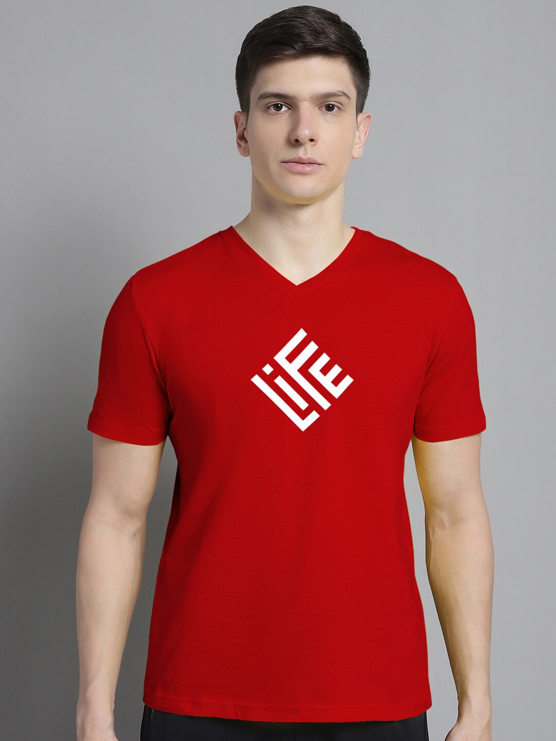 FBAR Typography Printed V-Neck Cotton Slim Fit T-shirt, Red